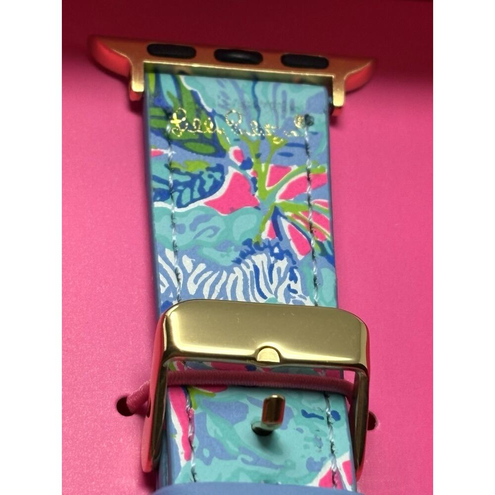 Lilly Pulitzer Pink Blue Leather Apple Watch Band 38,40mm Lil Earned Stripes NIB - Picture 3 of 12